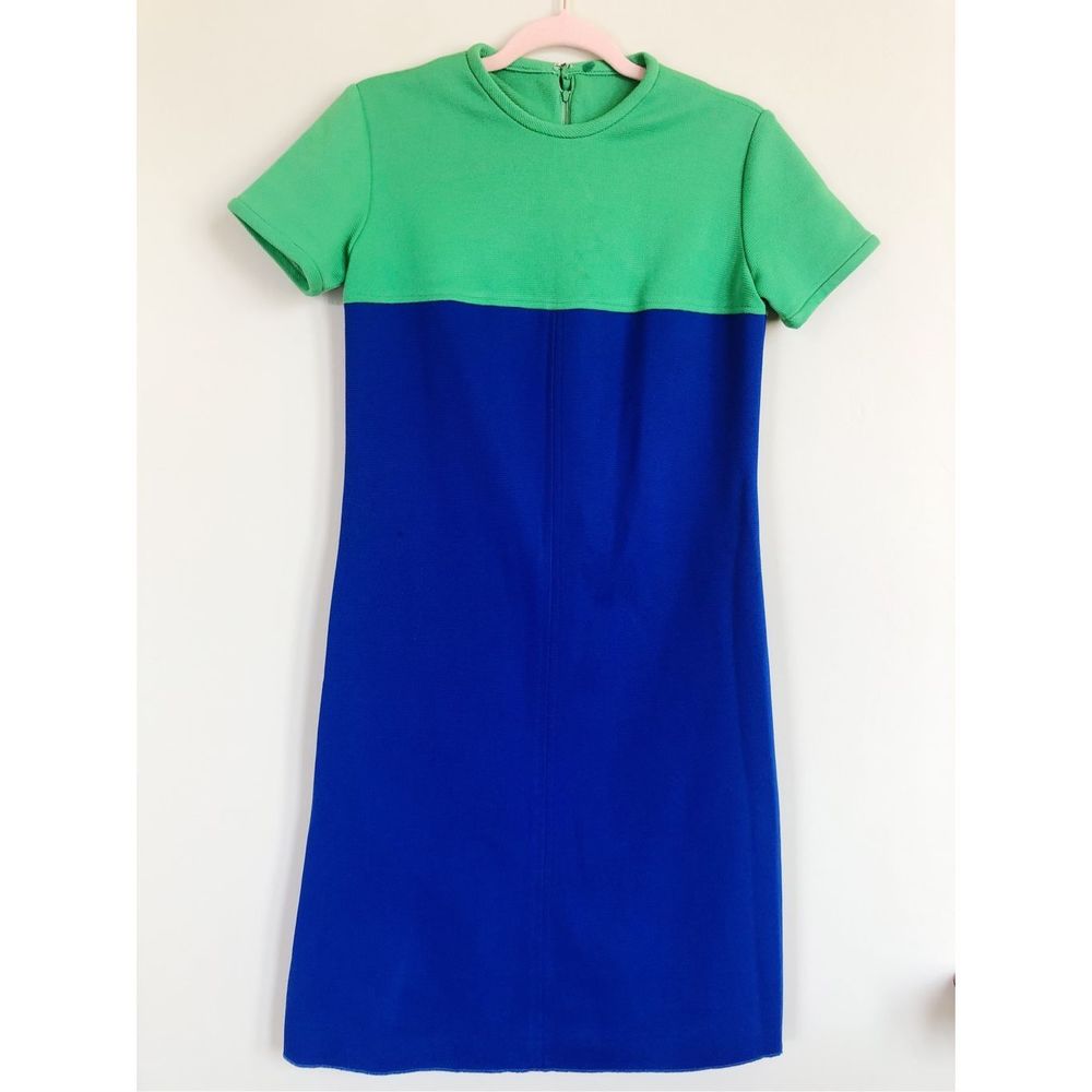 Vintage Women's Colorblock Short Sleeve Casual Shift Dress Blue Green